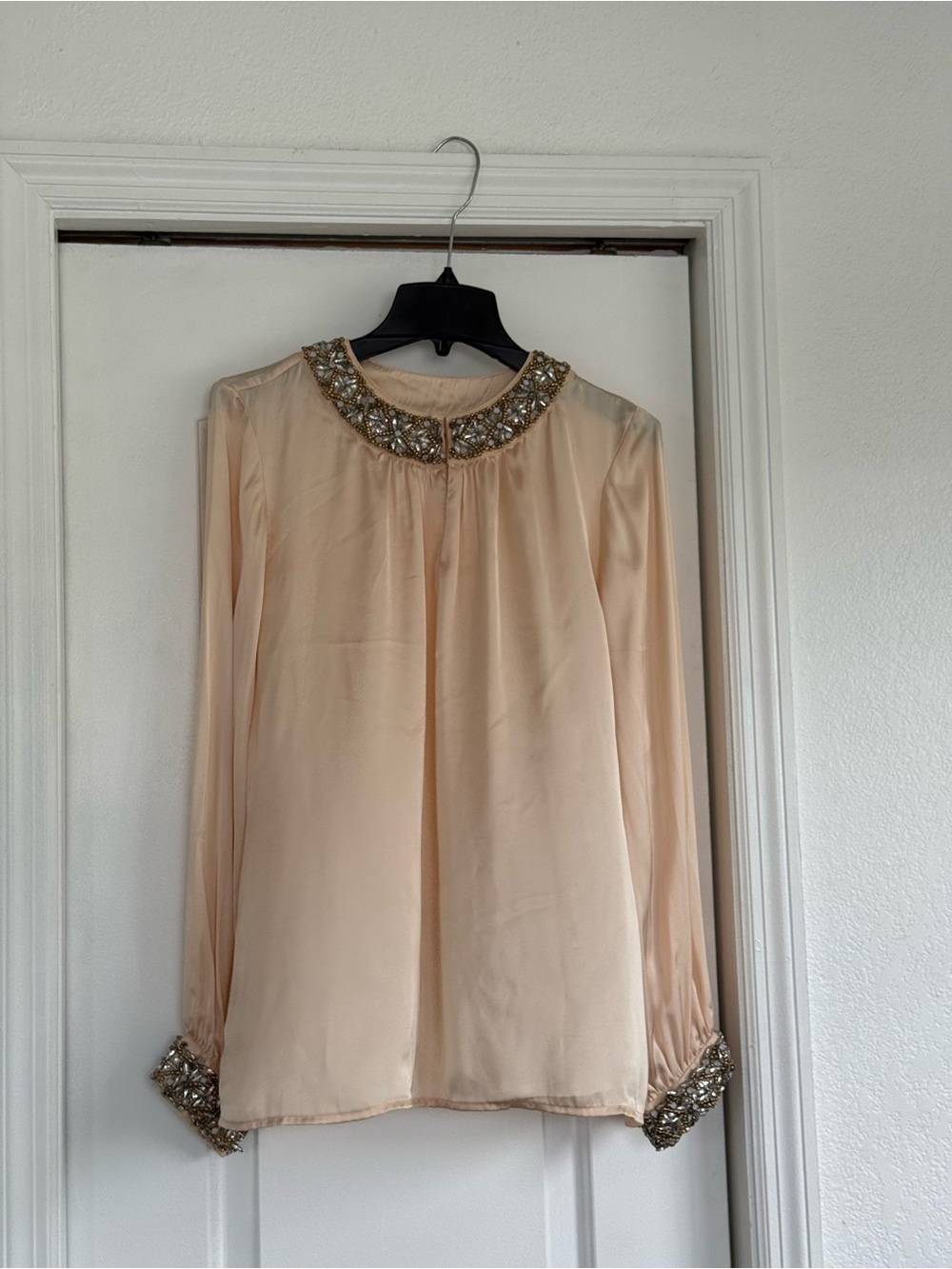 Boston Proper Pale Peach Beaded Collar Long-Sleeve Blouse